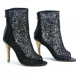 Womens Black Lace Peep Toe, Heeled Ankle Boots